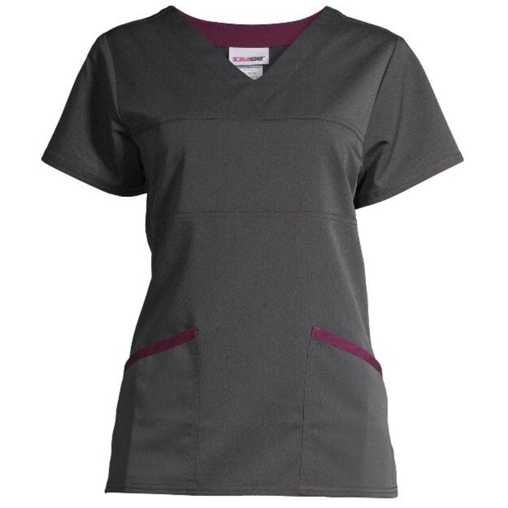Scrubstar Womens Vneck Scrub Top Small New with Tags Pewter Wine Stretch Pockets